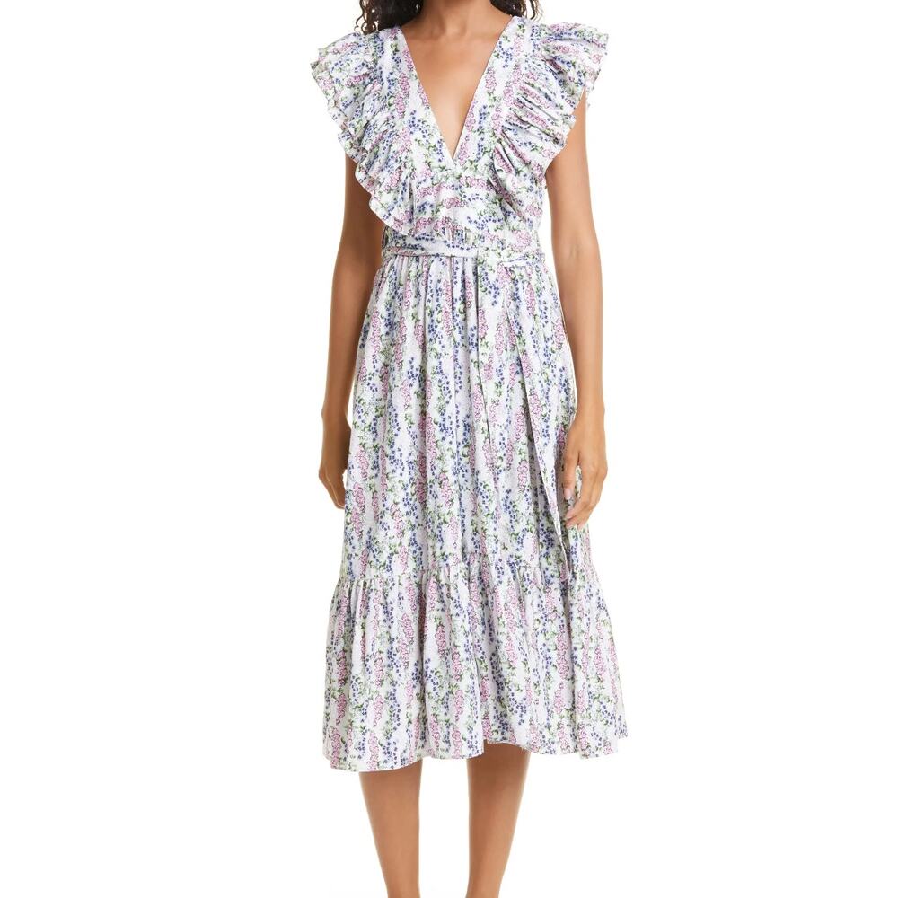 ByTimo Blue Field Floral Ruffle Midi Dress Small Cottagecore